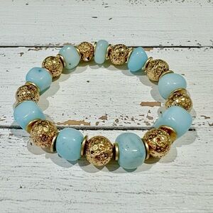 Asymmetric Baby Blue Quartz & Gold Tone Lava Stone Stretchy Bracelet